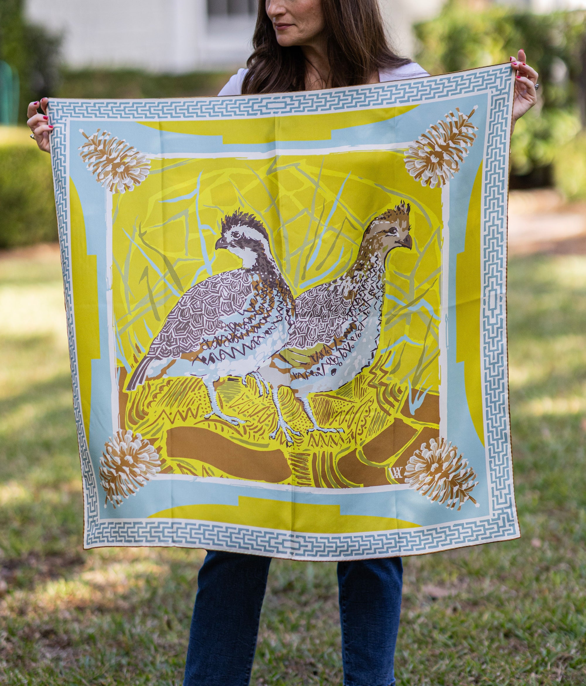 Chartreuse Quail Pair Silk Scarf