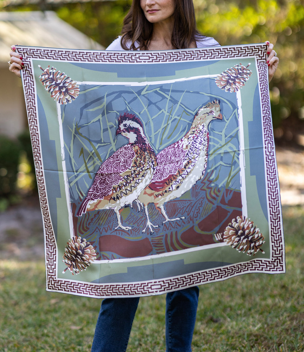 Slate Quail Pair Silk Scarf