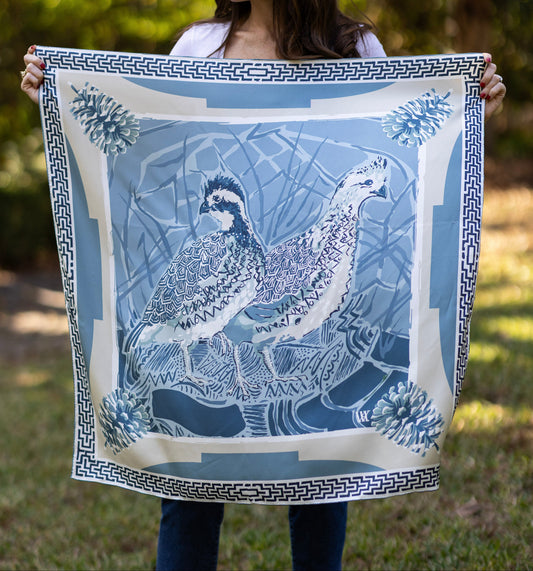 Blue Quail Pair - Double-Sided Silk Scarf