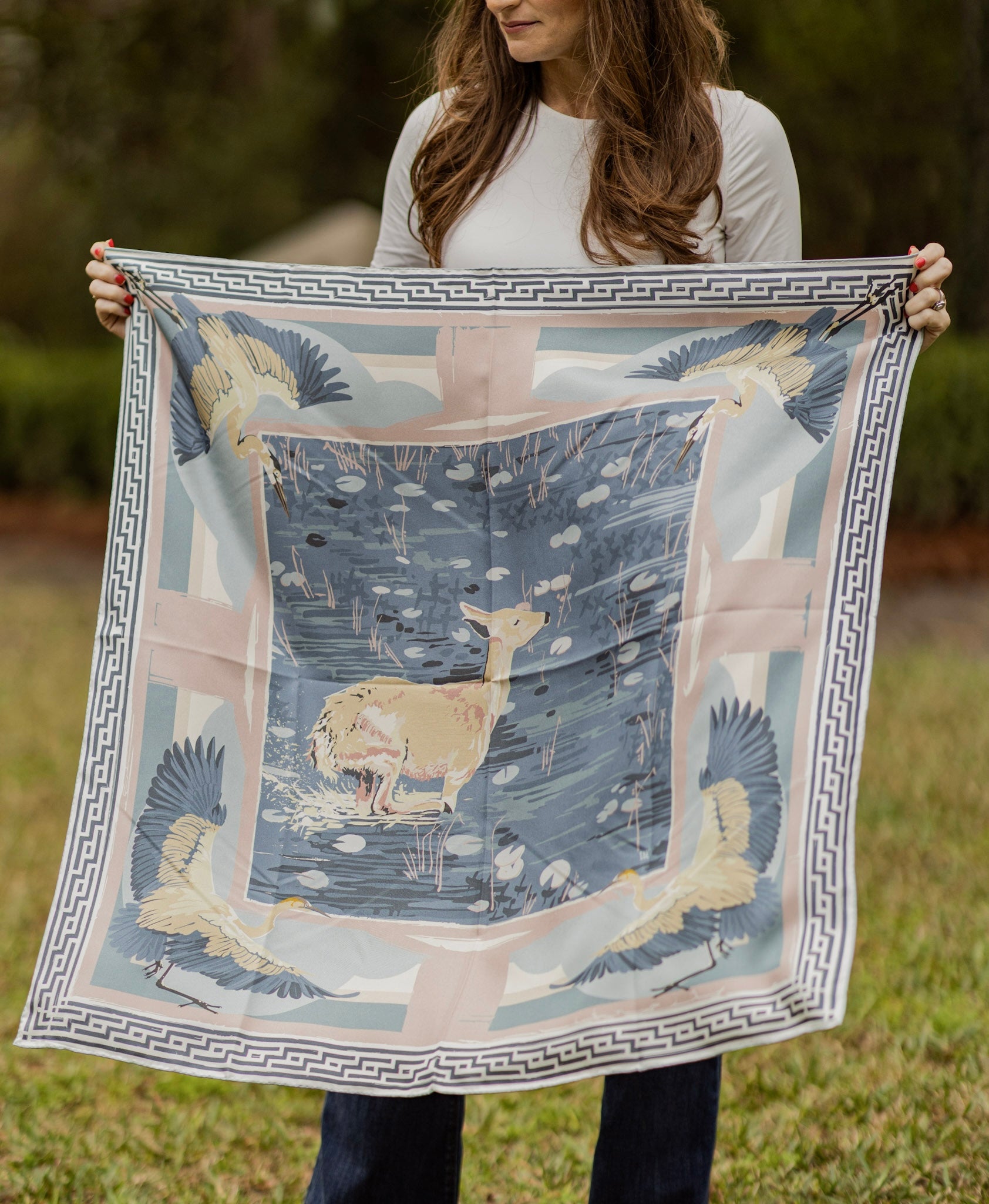 Blue Lily Pad Doe - Double-Sided Silk Scarf