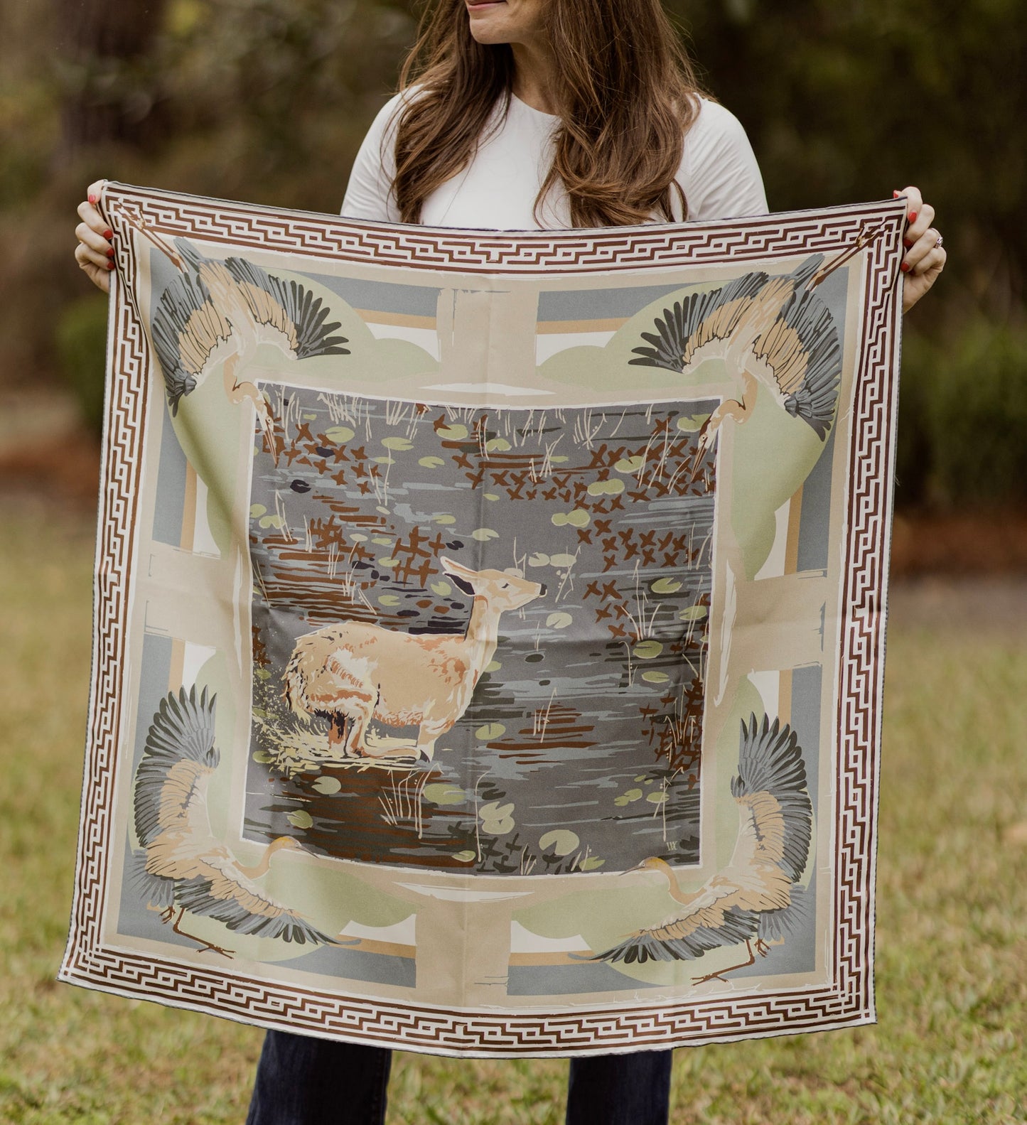Slate Lily Pad Doe - Double-Sided Silk Scarf