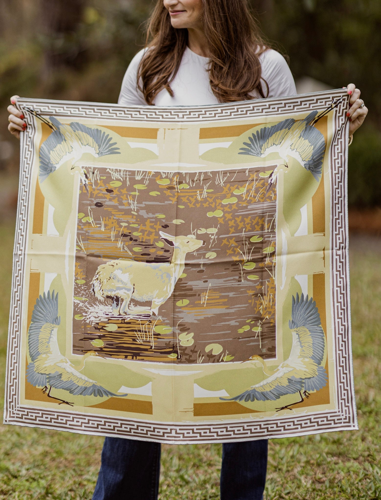 Brown Lily Pad Doe - Double-Sided Silk Scarf