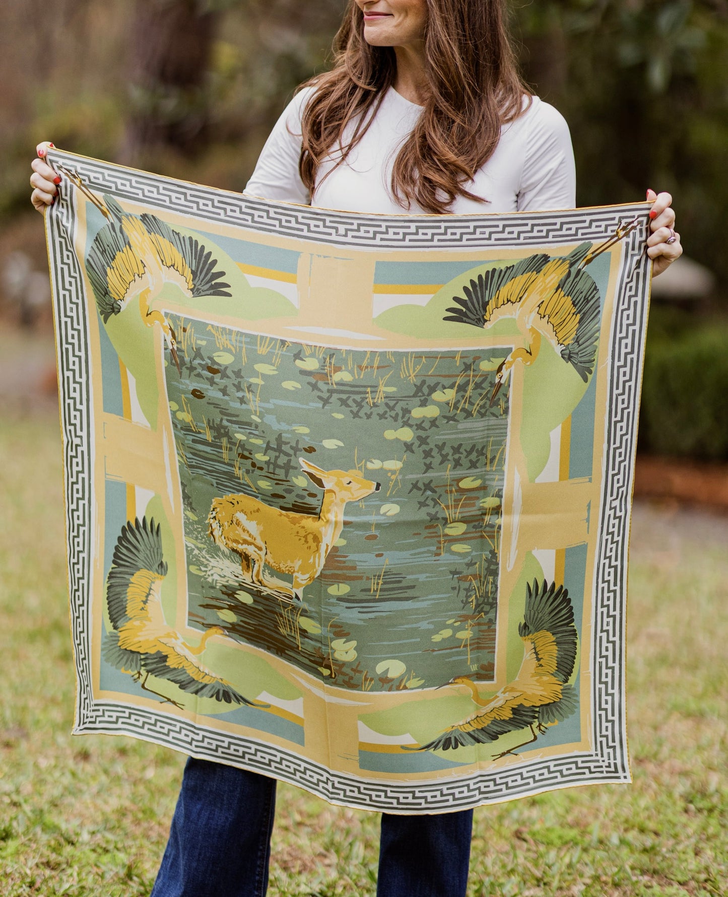 Teal Lily Pad Doe - Double-Sided Silk Scarf