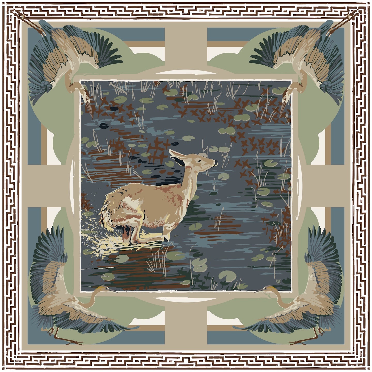 Slate Lily Pad Doe - Double-Sided Silk Scarf