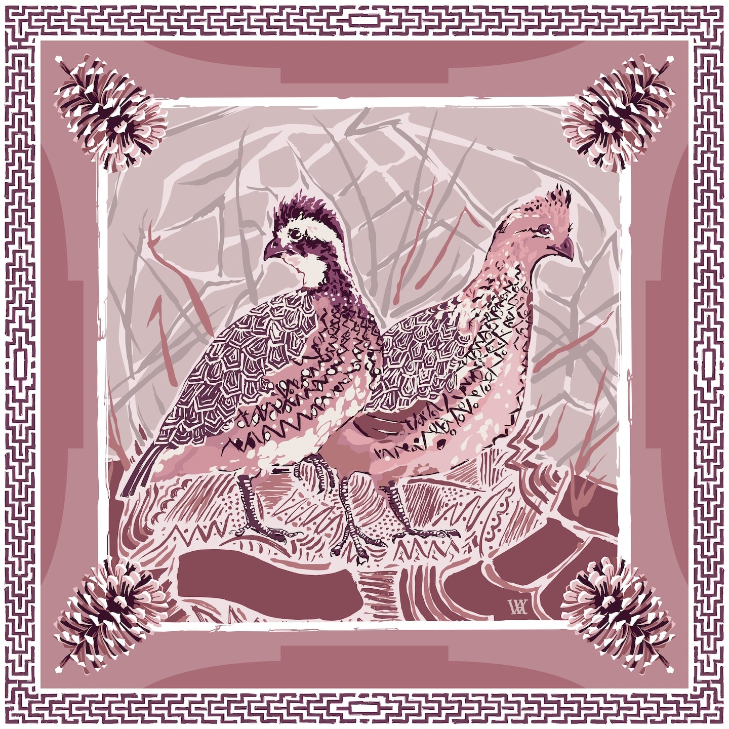 Dusty Rose Quail Pair - Double-Sided Silk Scarf