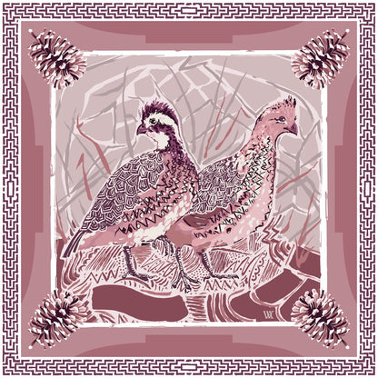 Dusty Rose Quail Pair - Double-Sided Silk Scarf