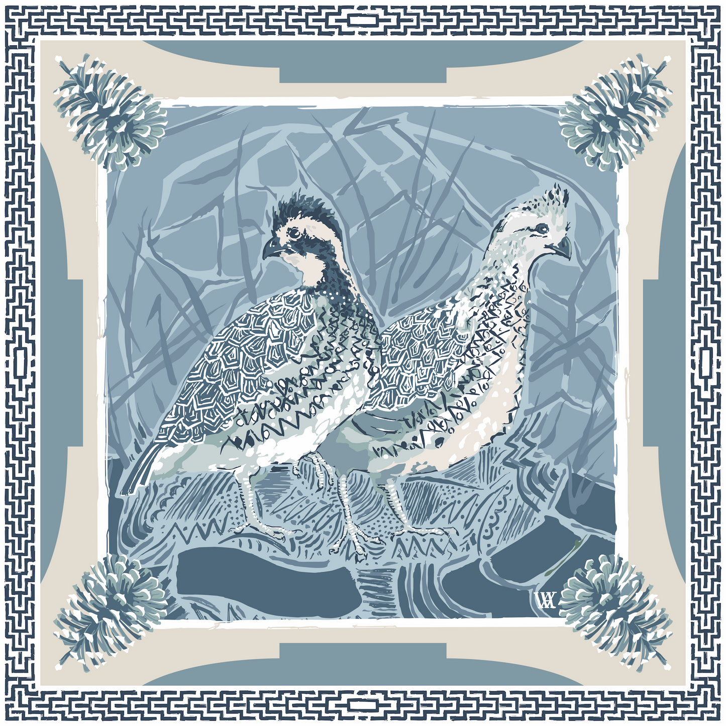 Blue Quail Pair - Double-Sided Silk Scarf