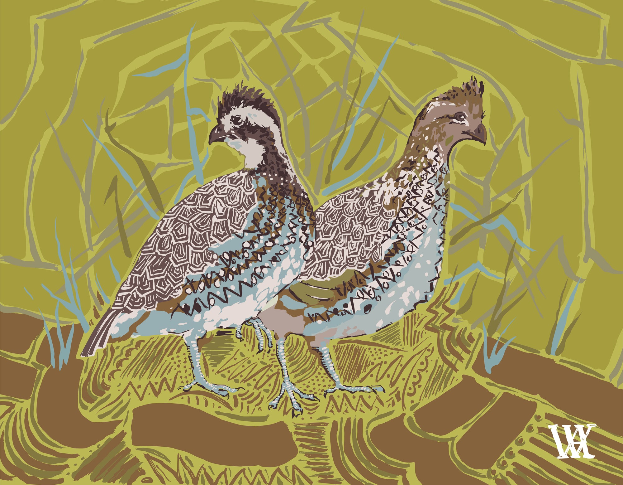 Chartreuse Bobwhite Pair Painting “ Elegant Nature-Inspired Artwork