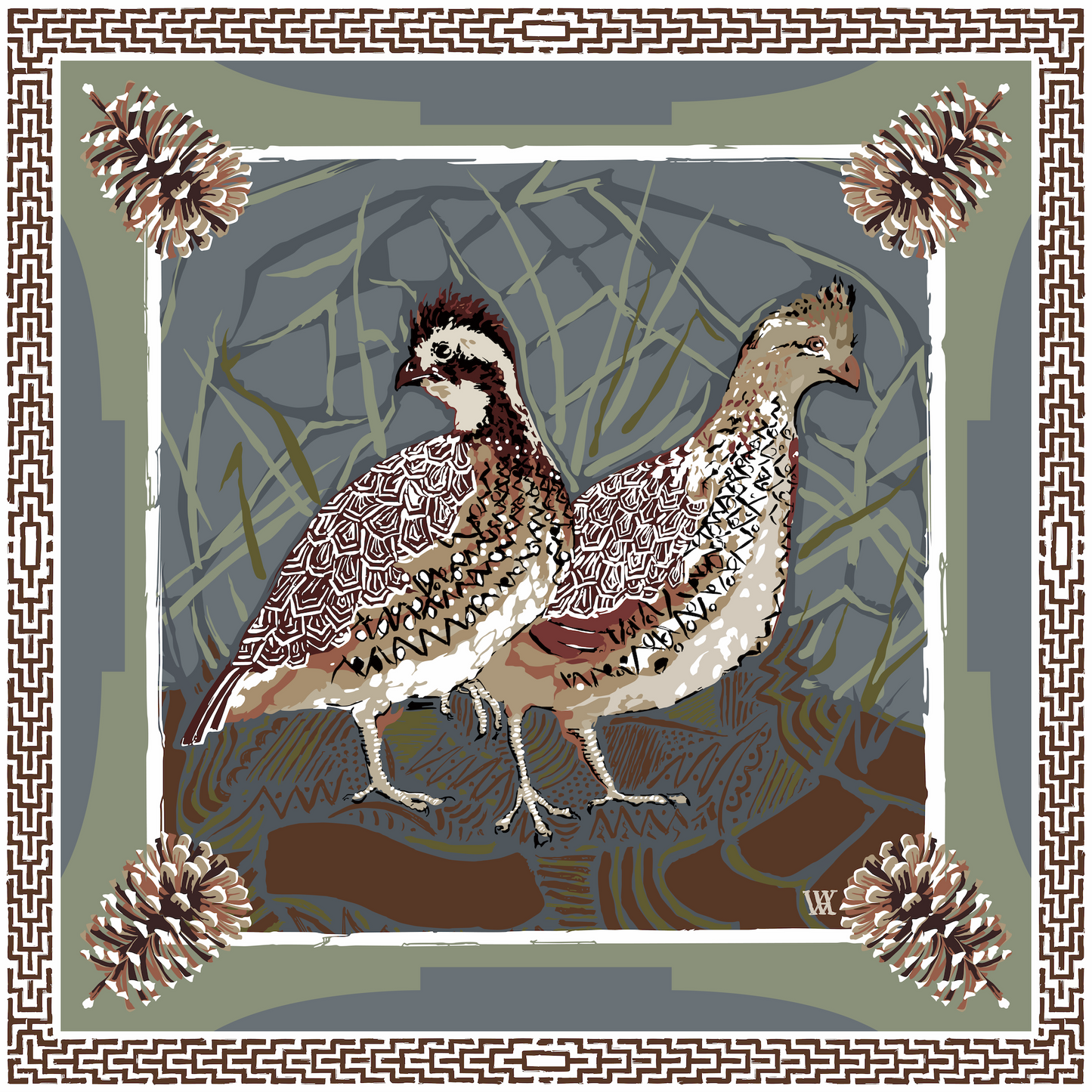 Slate Quail Pair - Double-Sided Silk Scarf