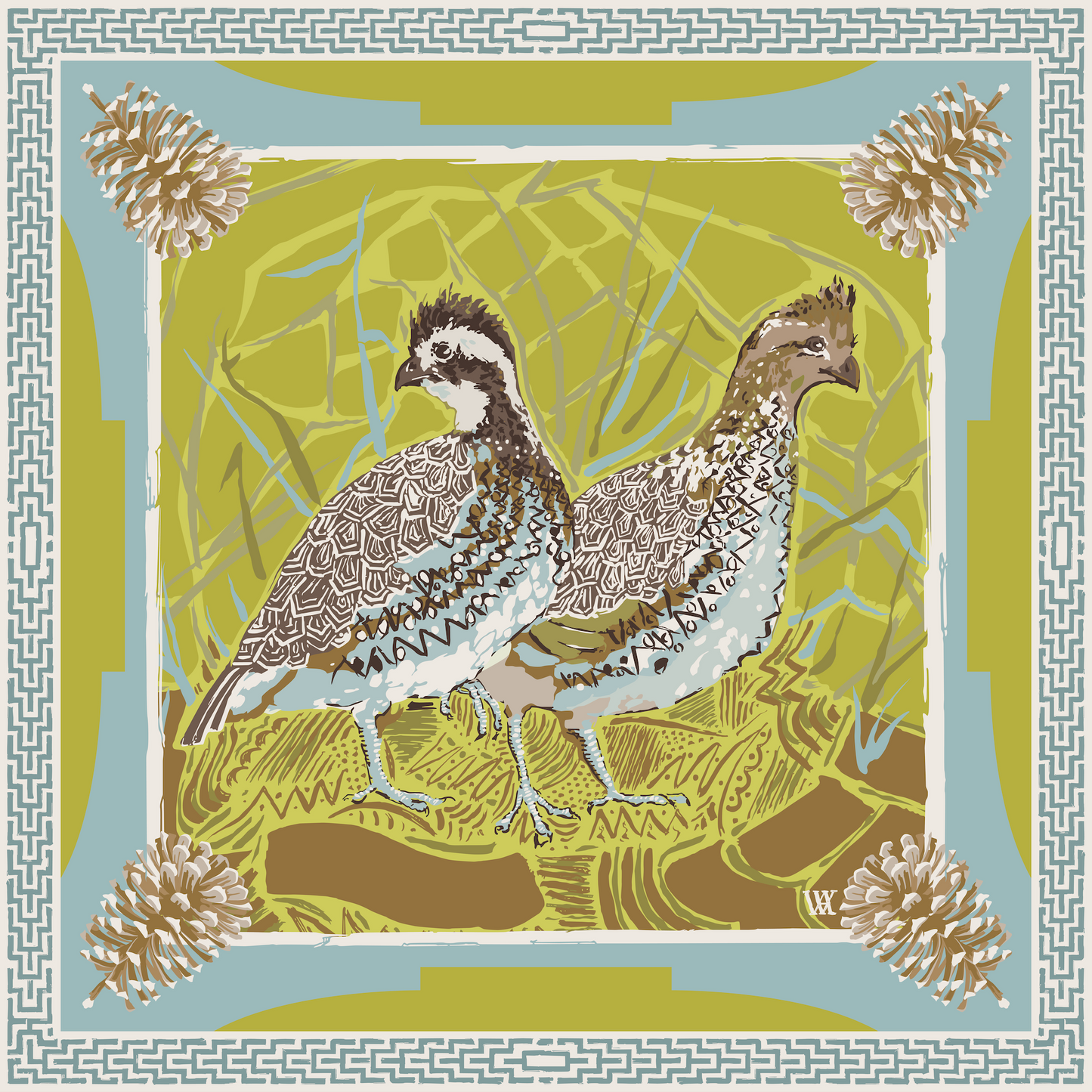 Chartreuse Quail Pair - Double-Sided Silk Scarf