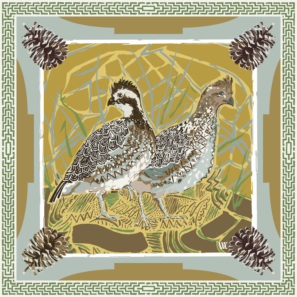 Gold Quail Pair Silk Scarf