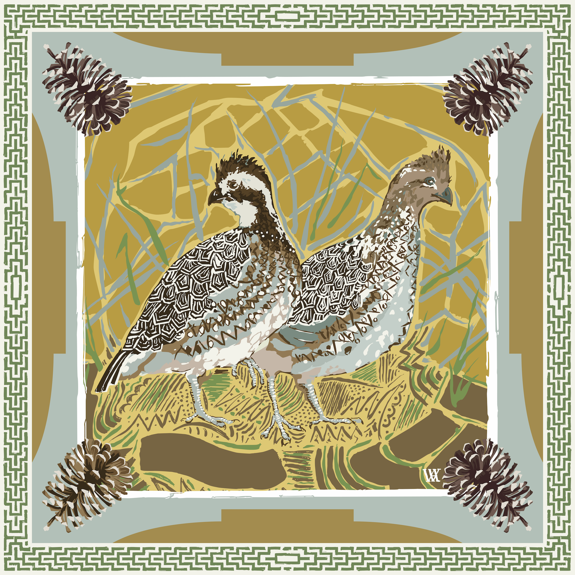 Gold Quail Pair Silk Scarf